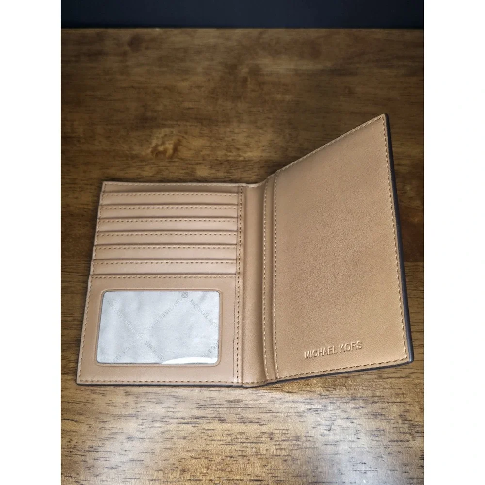 Michael Kors Bedford Travel Passport Wallet Brown Faux Leather Logo